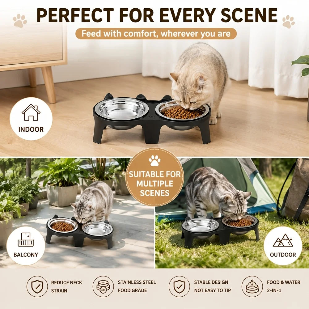 2-in-1 Cat Food Bowl Set, 2 Stainless Steel Bowls,Non-tipping Cat Food and Water Bowl for Cats,Pet Feeding Bowl for Chin Rubbing