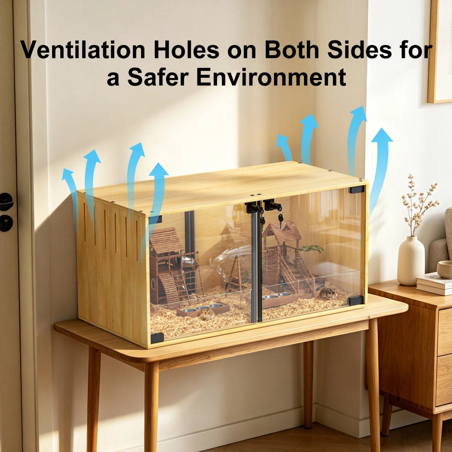 Wooden Hamster Guinea Pigs Cage Mice and Rat Habitat with Removable Divider Tempered Glass Panels Chew-proof Small Animals Cage for Small Pets