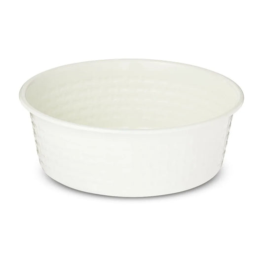 Large 7.5 Cup Stainless Steel Pet Bowl for Dogs and Cats Anti Slip Non Tip Design with Bone Shaped Textured Exterior Easy to Clean Raised Feeder for Food and Water Perfect for Large Breeds Heavy Duty White Bowl