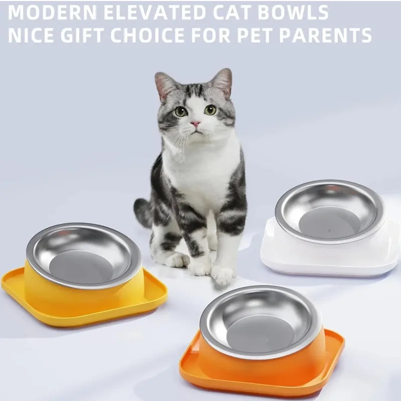 15° Tilted Cat Bowl Stainless Steel Neck Protection Anti Slip Plastic Base Pet Food Water Feeder Bowl For Cats Kitten