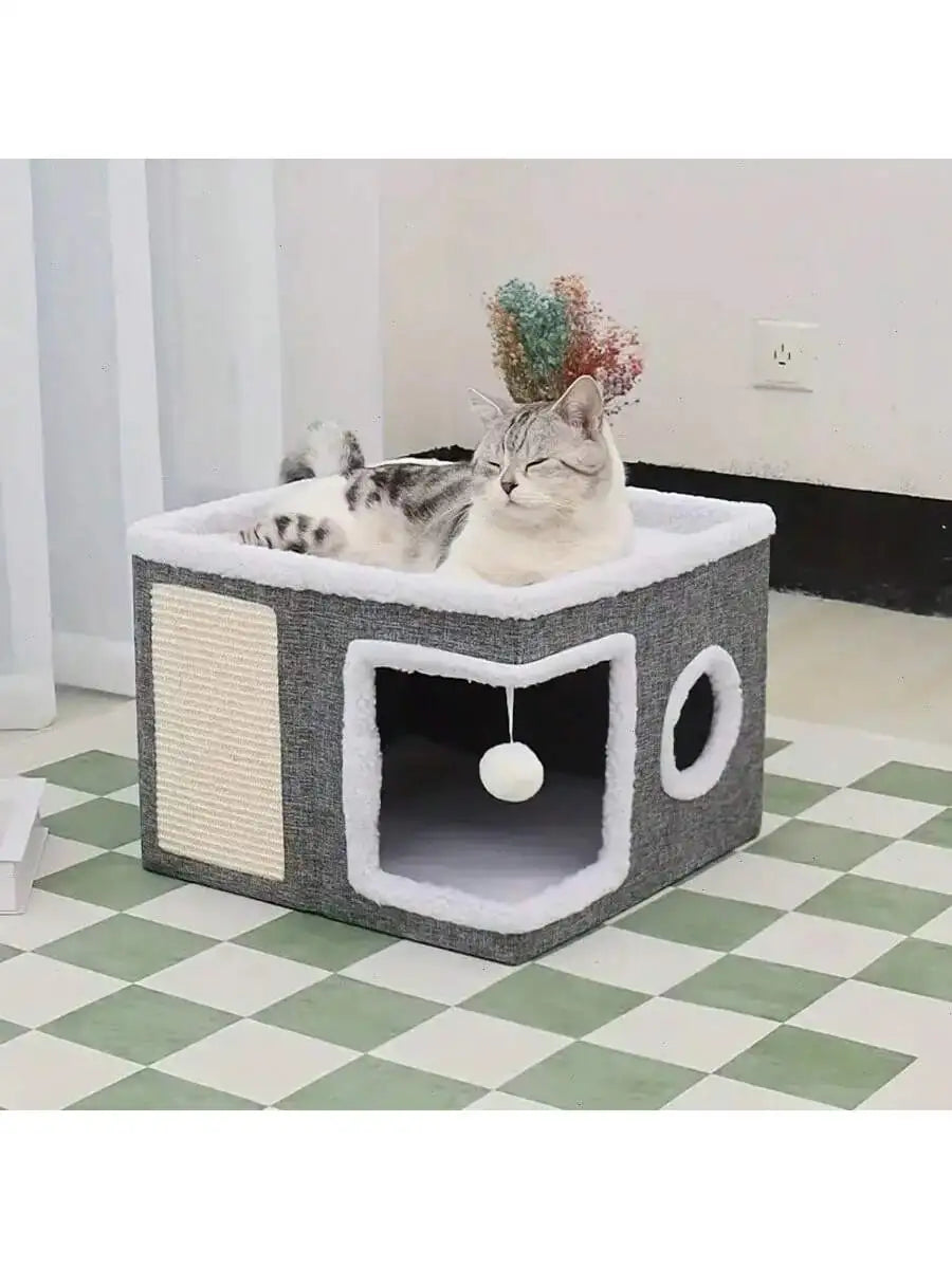 Foldable 4-Season Cat House With Bed And Scratching Board