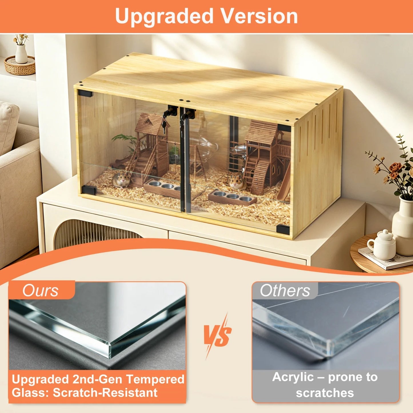 Wooden Hamster Guinea Pigs Cage Mice and Rat Habitat with Removable Divider Tempered Glass Panels Chew-proof Small Animals Cage for Small Pets