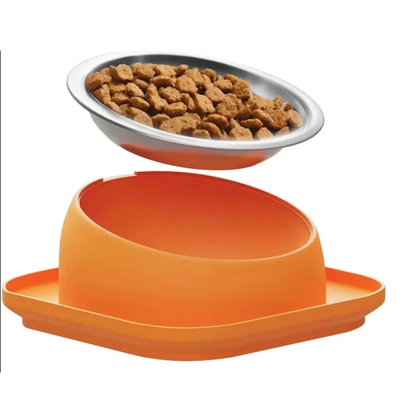 15° Tilted Cat Bowl Stainless Steel Neck Protection Anti Slip Plastic Base Pet Food Water Feeder Bowl For Cats Kitten