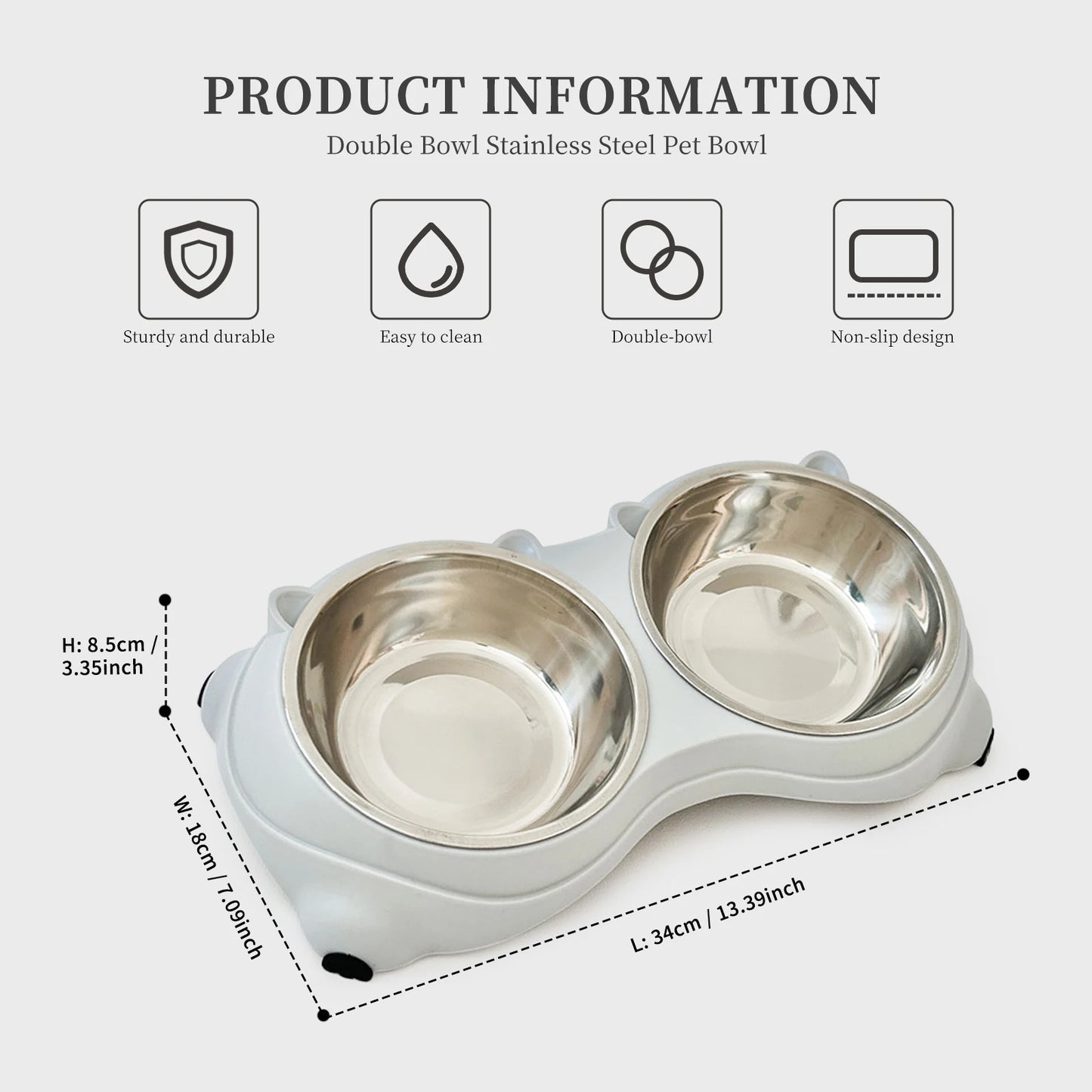 Anti-Slip Pet Food Bowl Double Stainless Steel Cat Dog Feeder with Non-Skid Base, 600ml Large Capacity Water Dish for Indoor Cats Kittens Puppies Small Dogs, Easy Clean Detachable Bowls