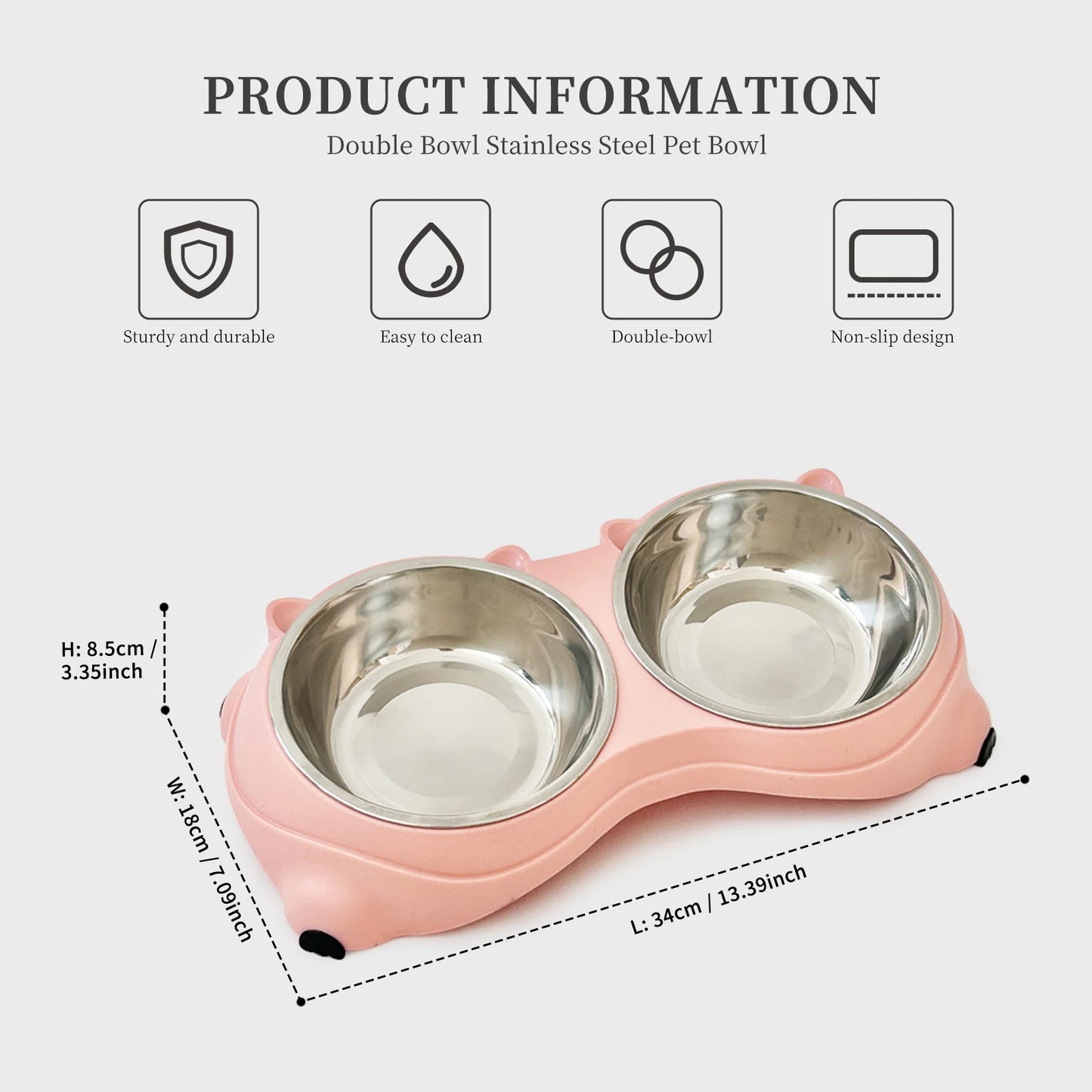 Anti-Slip Pet Food Bowl Double Stainless Steel Cat Dog Feeder with Non-Skid Base, 600ml Large Capacity Water Dish for Indoor Cats Kittens Puppies Small Dogs, Easy Clean Detachable Bowls