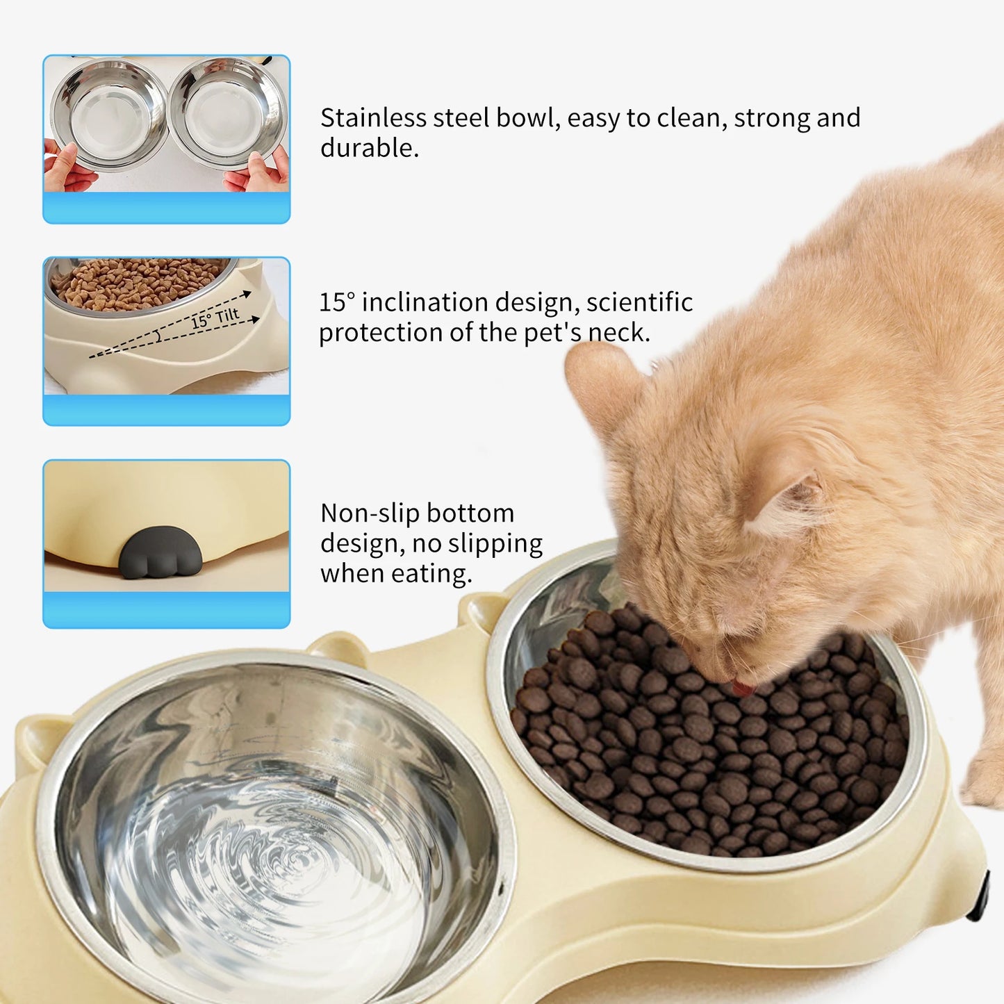 Anti-Slip Pet Food Bowl Double Stainless Steel Cat Dog Feeder with Non-Skid Base, 600ml Large Capacity Water Dish for Indoor Cats Kittens Puppies Small Dogs, Easy Clean Detachable Bowls