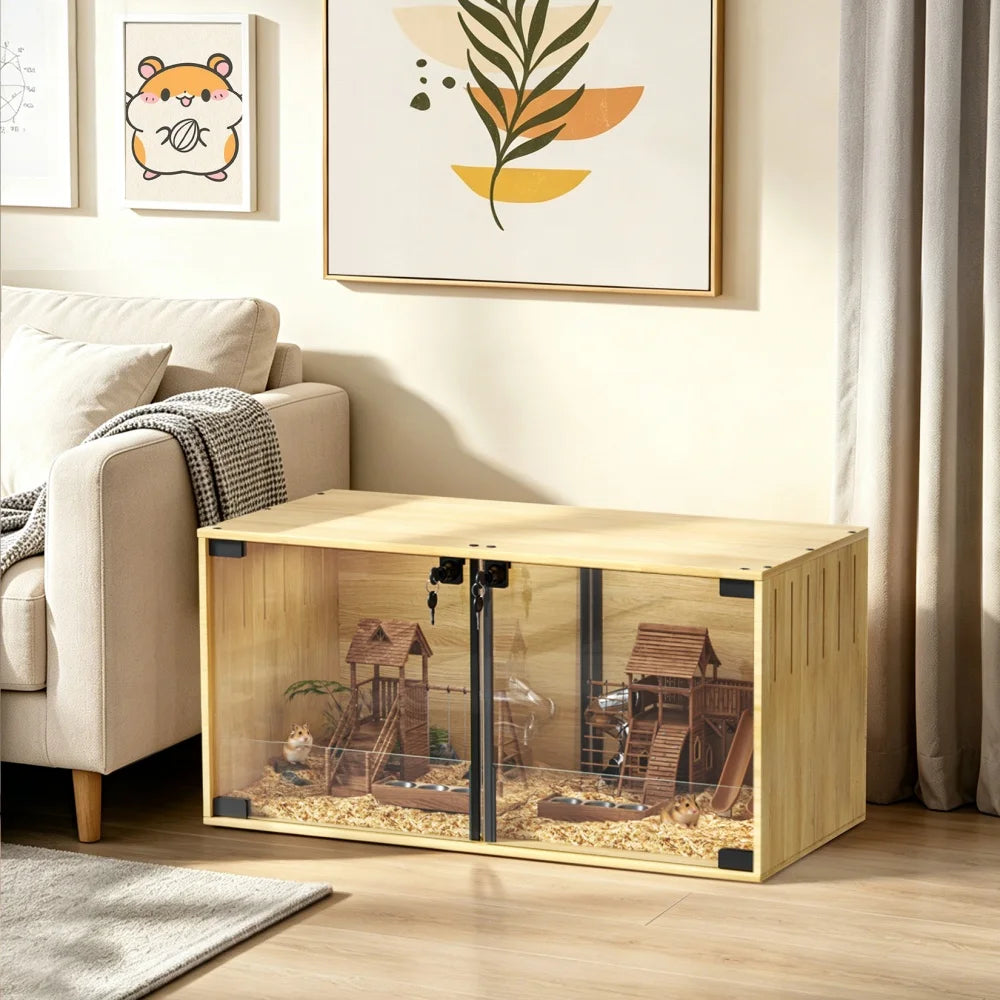 Wooden Hamster Cage Chew-proof Small Animal Habitat Cage with Dual Doors Lock Removable Divider Hedgehogs Enclosure