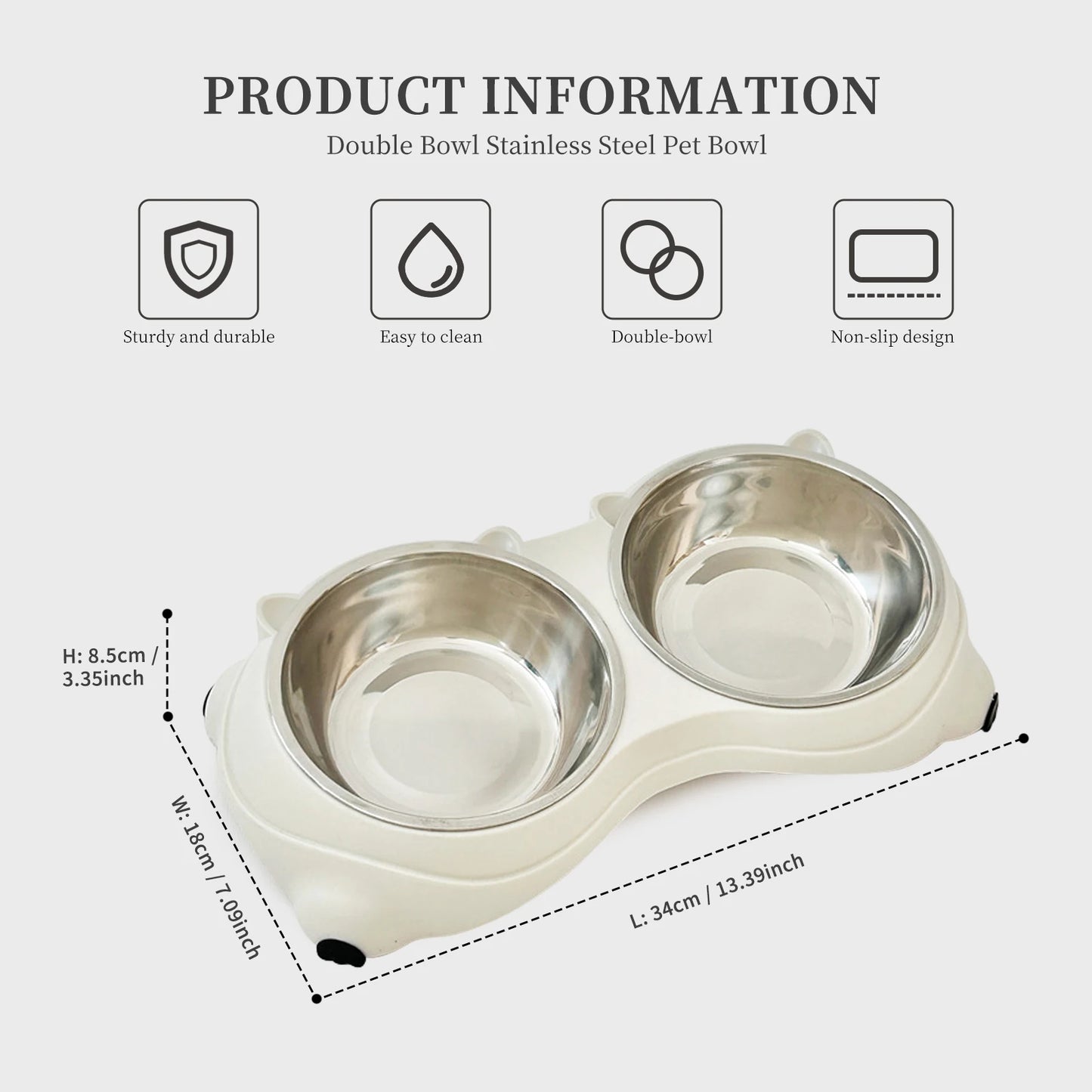 Anti-Slip Pet Food Bowl Double Stainless Steel Cat Dog Feeder with Non-Skid Base, 600ml Large Capacity Water Dish for Indoor Cats Kittens Puppies Small Dogs, Easy Clean Detachable Bowls