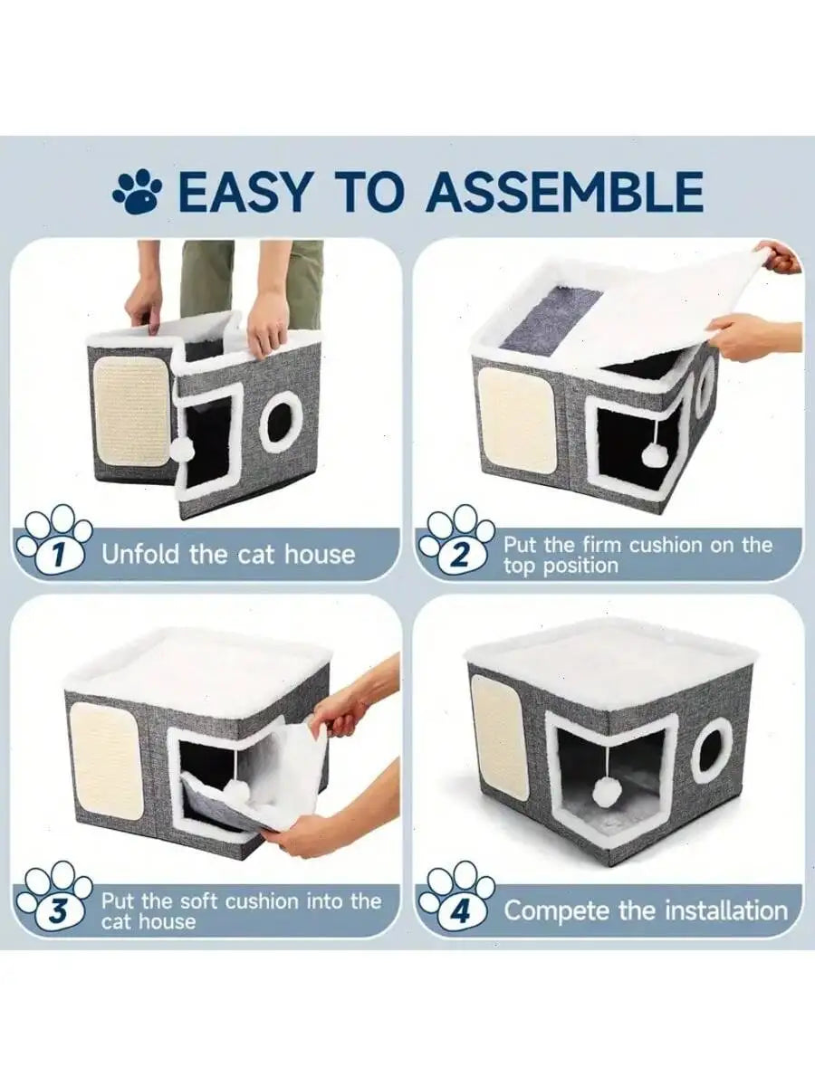 Foldable 4-Season Cat House With Bed And Scratching Board