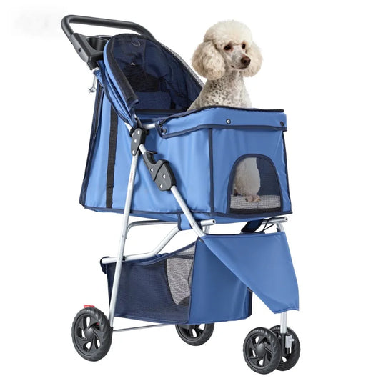 3 Wheels Pet Stroller, Dog and Cat Strollers, With Storage Basket and Cup Holder, Lightweight Travel Carrier, Breathable Mesh,