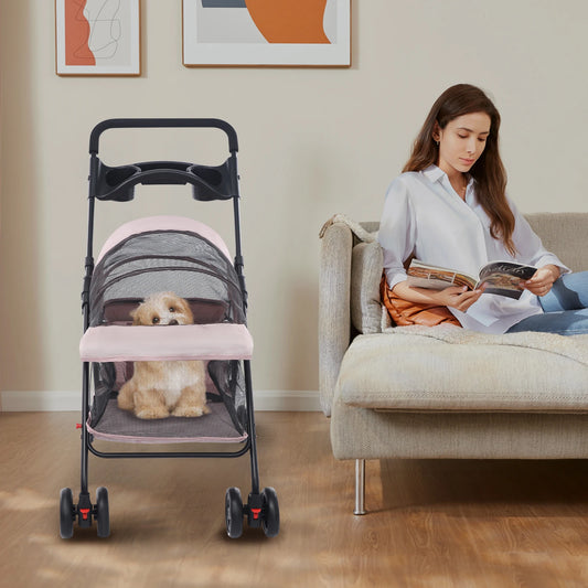 Pale Pinkish Grey Foldable Pet Cart—Carbon Steel/Oxford Cloth 40lbs Load+360°Front Wheels 23.62x13.39x20.87in Basket Rear Brakes