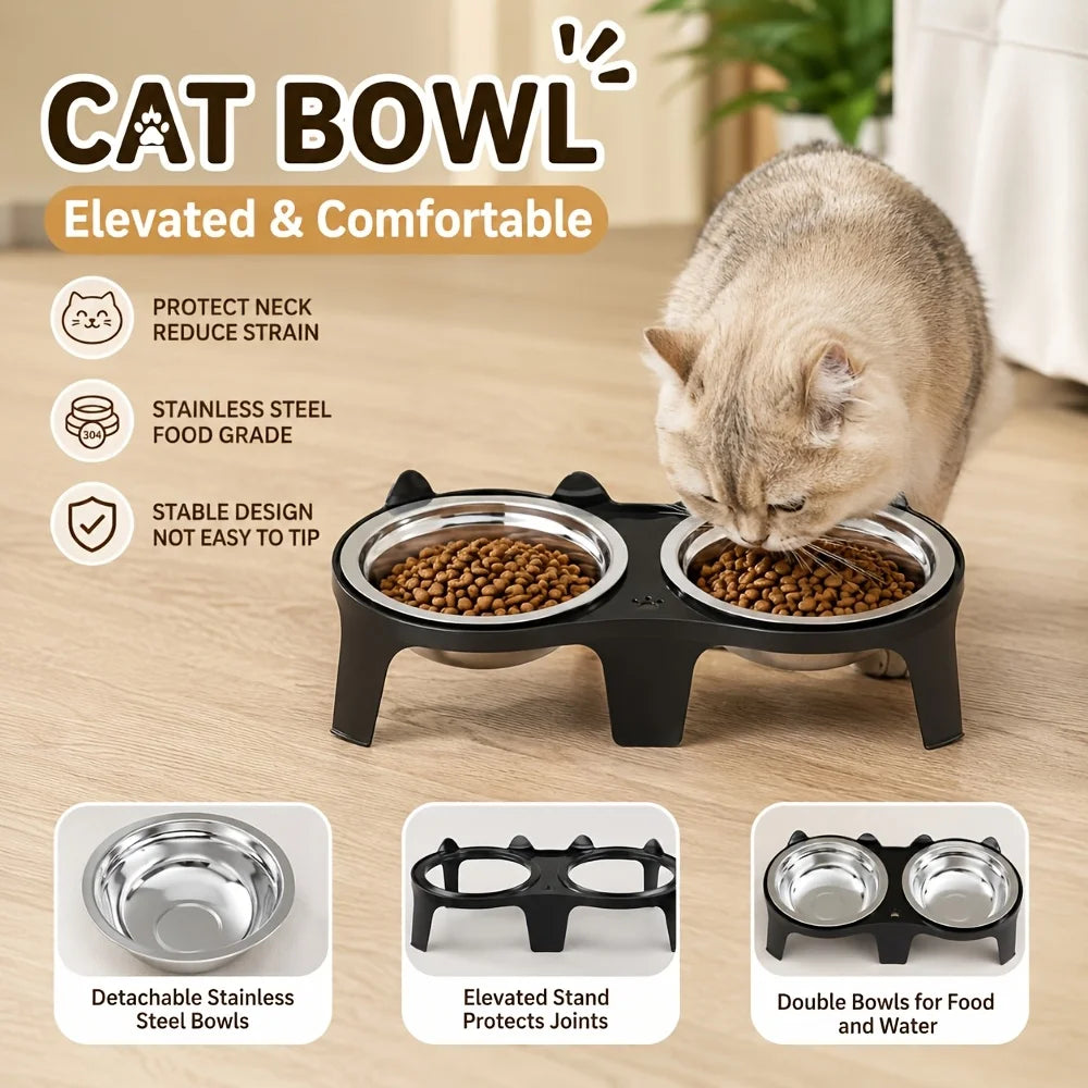 2-in-1 Cat Food Bowl Set, 2 Stainless Steel Bowls,Non-tipping Cat Food and Water Bowl for Cats,Pet Feeding Bowl for Chin Rubbing