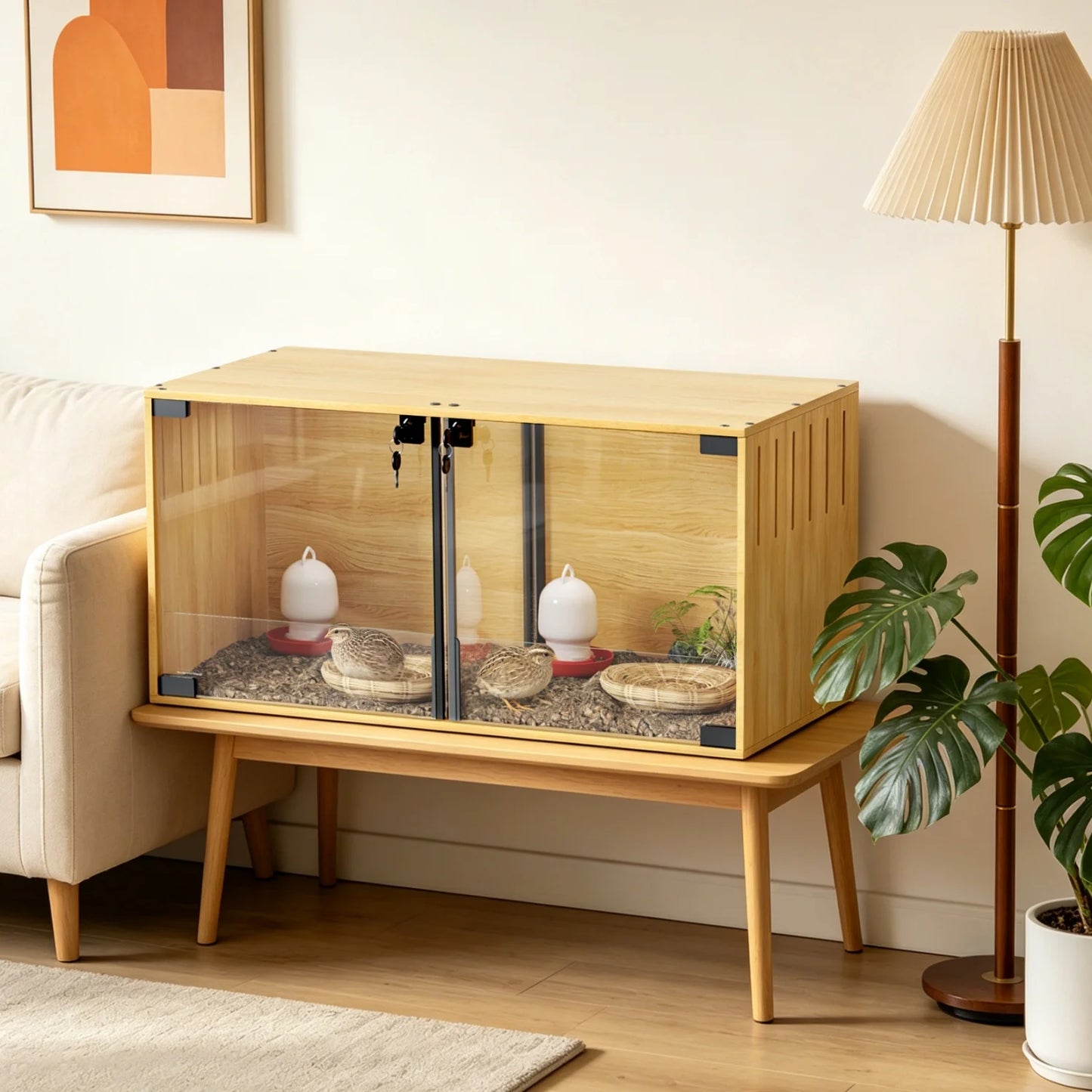 Wooden Hamster Guinea Pigs Cage Mice and Rat Habitat with Removable Divider Tempered Glass Panels Chew-proof Small Animals Cage for Small Pets