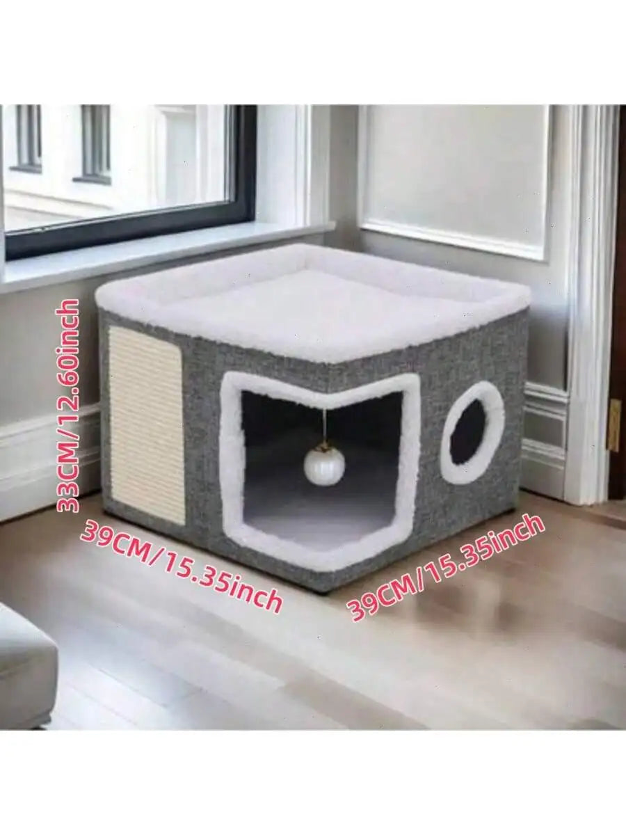Foldable 4-Season Cat House With Bed And Scratching Board