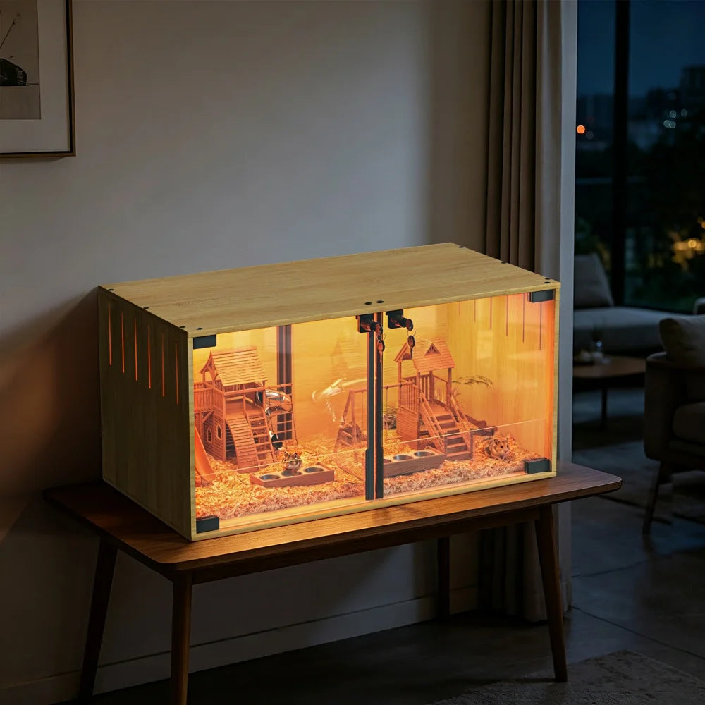 Wooden Hamster Cage Chew-proof Small Animal Habitat Cage with Dual Doors Lock Removable Divider Hedgehogs Enclosure