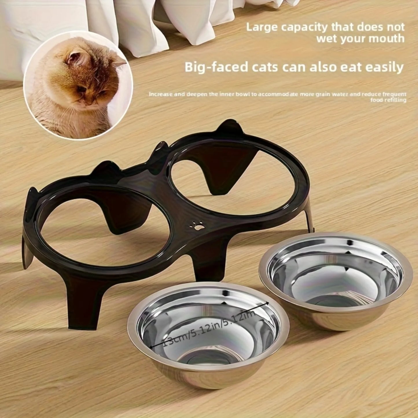 2-in-1 Cat Food Bowl Set, 2 Stainless Steel Bowls,Non-tipping Cat Food and Water Bowl for Cats,Pet Feeding Bowl for Chin Rubbing