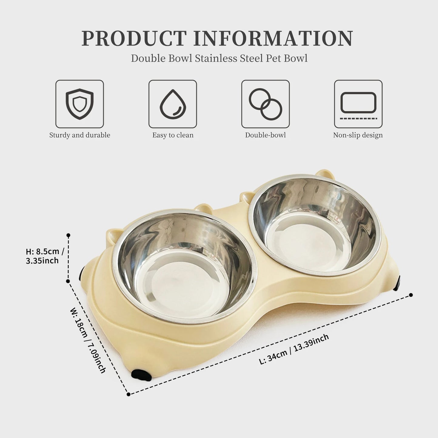 Anti-Slip Pet Food Bowl Double Stainless Steel Cat Dog Feeder with Non-Skid Base, 600ml Large Capacity Water Dish for Indoor Cats Kittens Puppies Small Dogs, Easy Clean Detachable Bowls