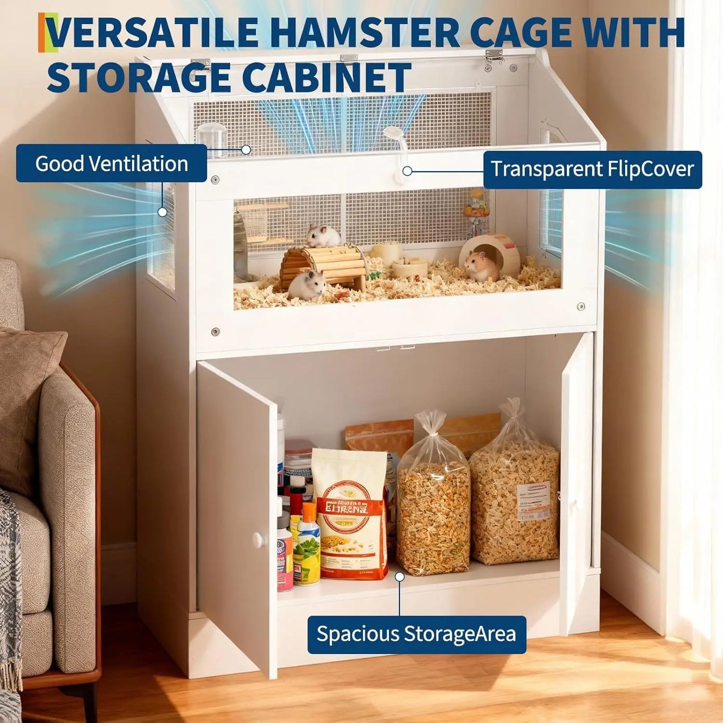 Hamster Cage with Storage Cabinet, Guinea Pig Cage for Small Animals,Large Hamster Cage with Easy View Acrylic Panels,for Rat