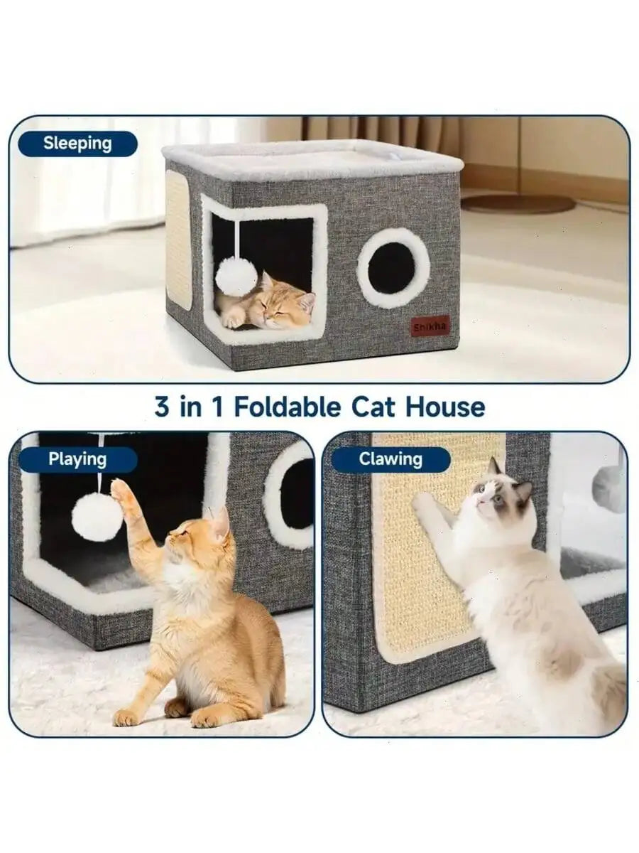 Foldable 4-Season Cat House With Bed And Scratching Board