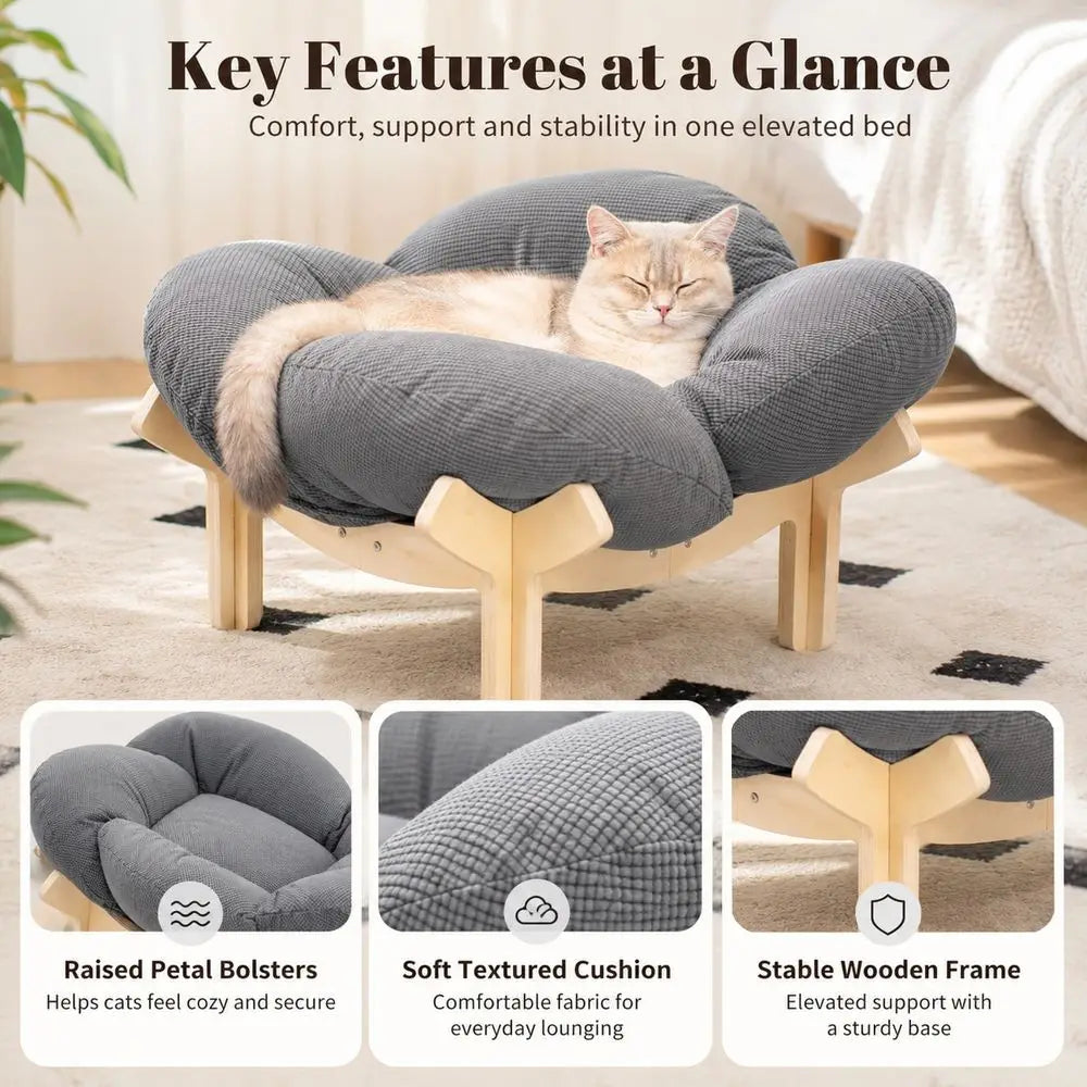 Elevated Cat Bed With Wooden Frame And Premium Cushion