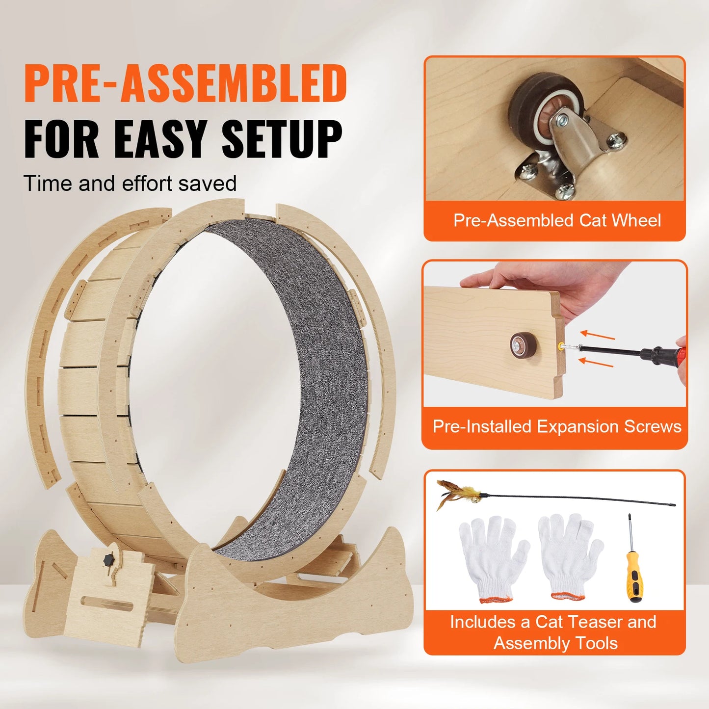 SucceBuy Wooden Cat Exercise Wheel Detachable Carpet Indoor Running Wheel