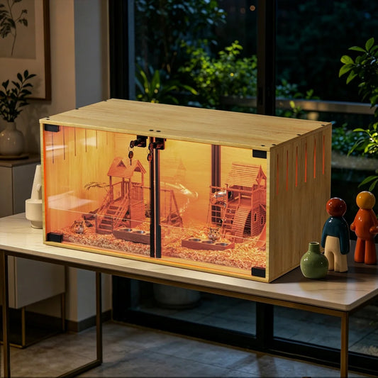 Wooden Hamster Cage Chew-proof Small Animal Habitat Cage with Dual Doors Lock Removable Divider Hedgehogs Enclosure