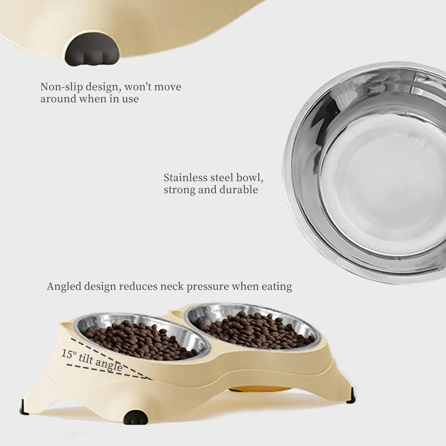 Anti-Slip Pet Food Bowl Double Stainless Steel Cat Dog Feeder with Non-Skid Base, 600ml Large Capacity Water Dish for Indoor Cats Kittens Puppies Small Dogs, Easy Clean Detachable Bowls