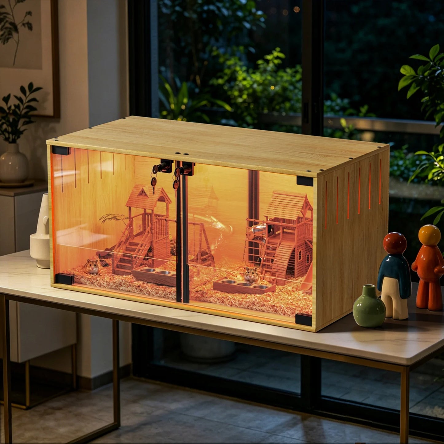Wooden Hamster Guinea Pigs Cage Mice and Rat Habitat with Removable Divider Tempered Glass Panels Chew-proof Small Animals Cage for Small Pets