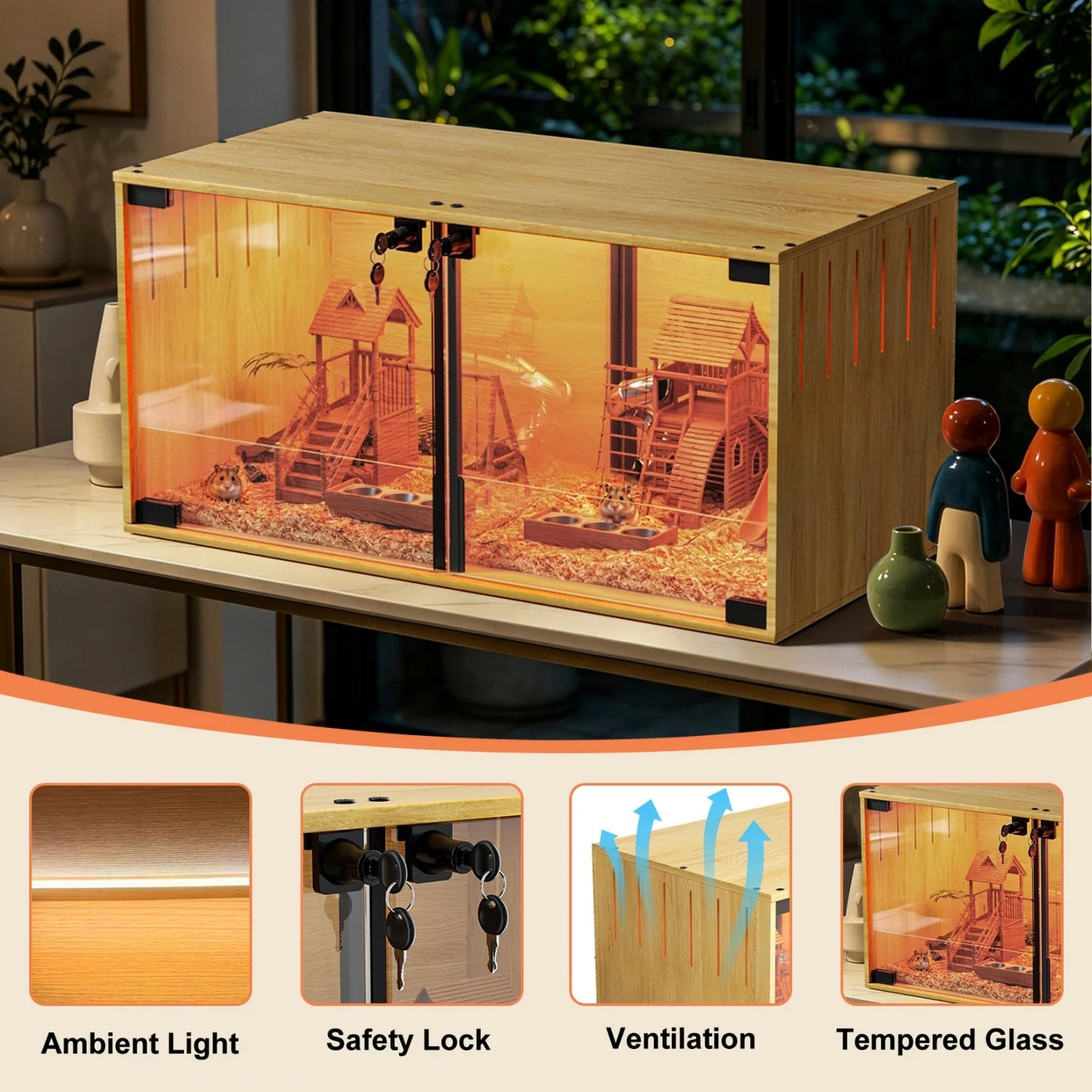 Wooden Hamster Guinea Pigs Cage Mice and Rat Habitat with Removable Divider Tempered Glass Panels Chew-proof Small Animals Cage for Small Pets