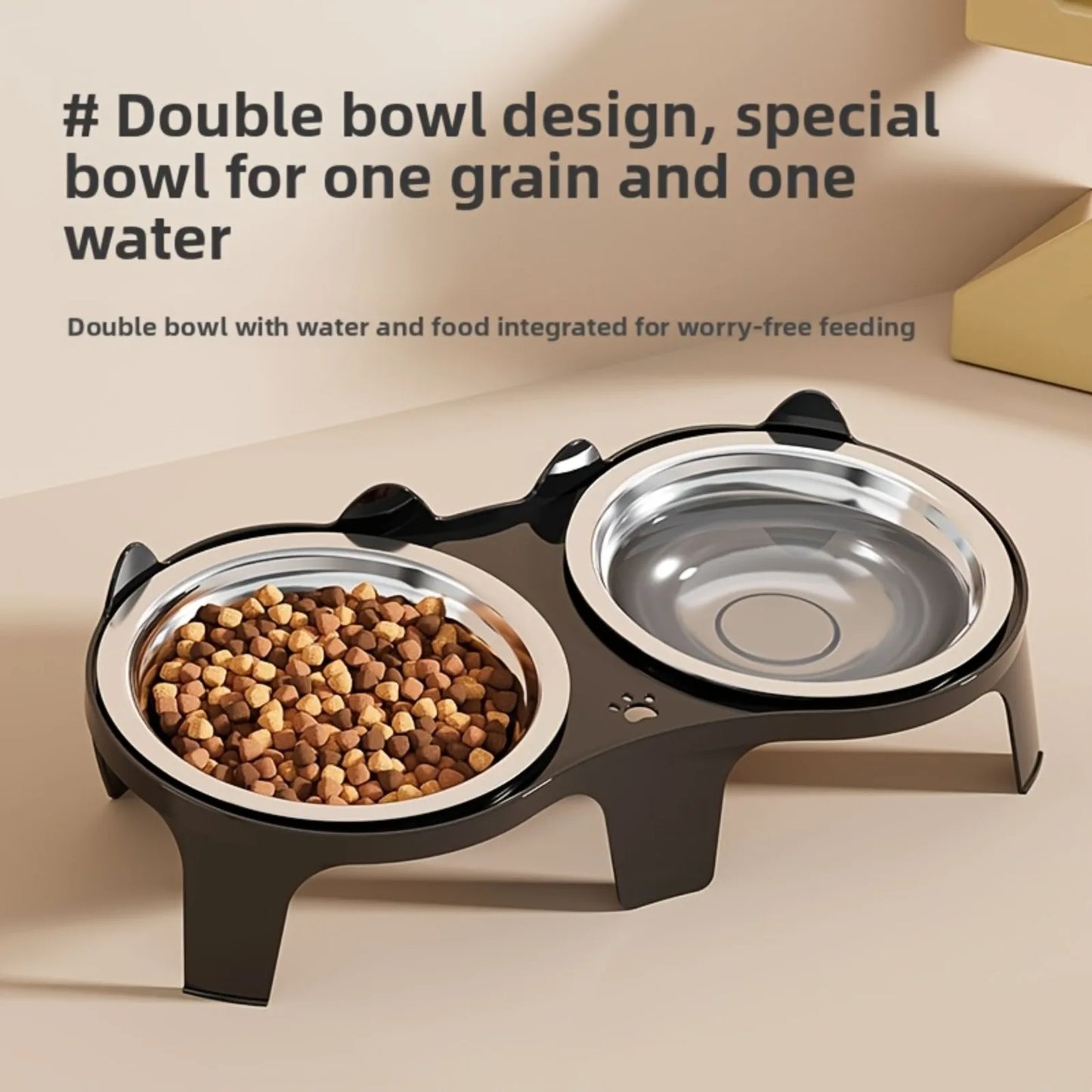 2-in-1 Cat Food Bowl Set, 2 Stainless Steel Bowls,Non-tipping Cat Food and Water Bowl for Cats,Pet Feeding Bowl for Chin Rubbing