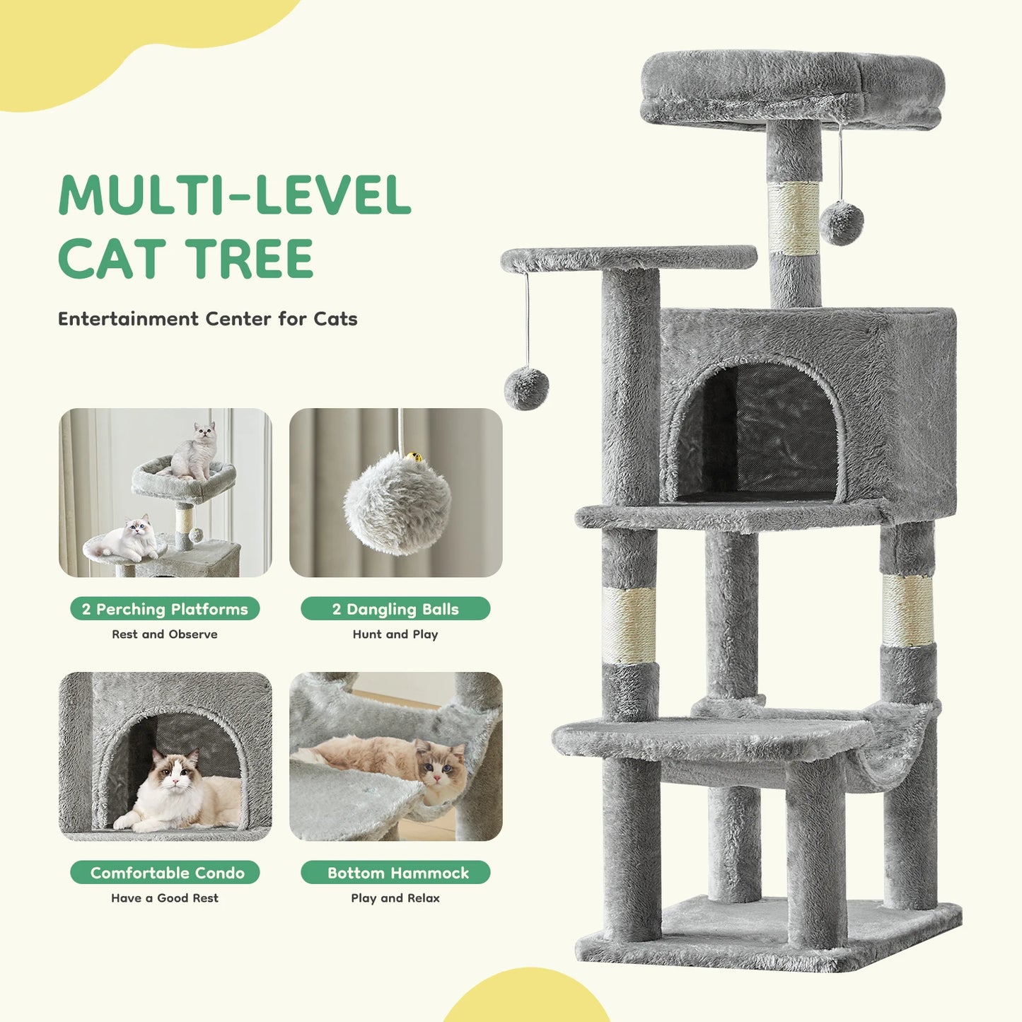 JHK Cat Tree Multi Cat Climbing Tower With Sisal Scratching Posts For Indoor Cat