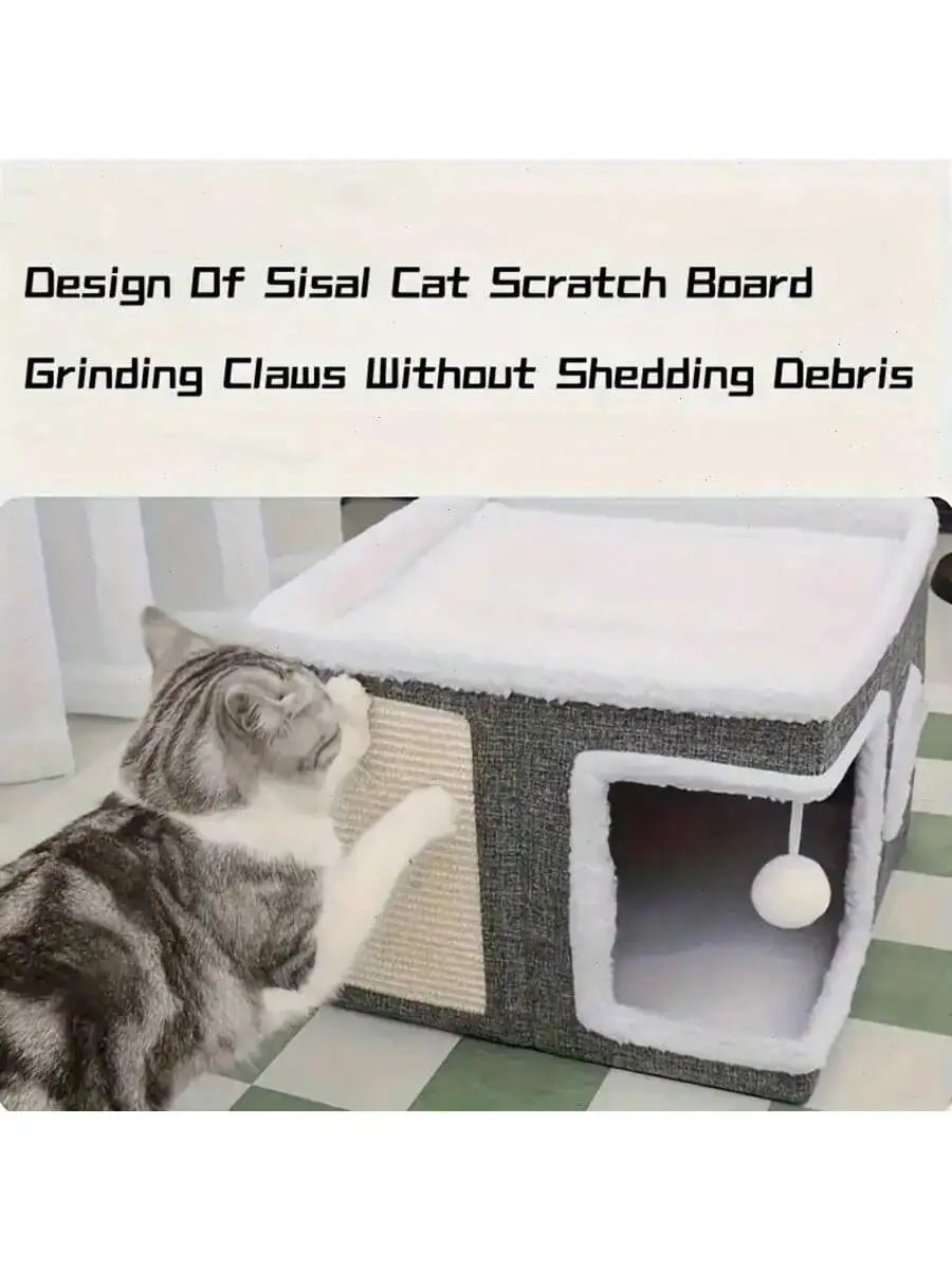 Foldable 4-Season Cat House With Bed And Scratching Board