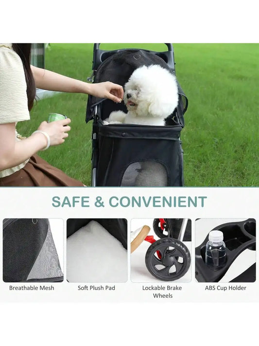 OLIXIS 3 Wheels Pet Stroller, Cats And Dog Strollers With Storage Basket And Cup Holder, Breathable Mesh, Lightweight Travel