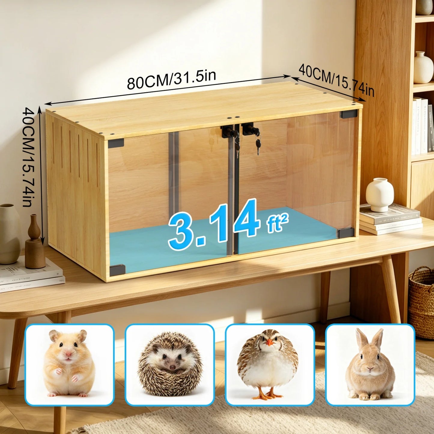 Wooden Hamster Guinea Pigs Cage Mice and Rat Habitat with Removable Divider Tempered Glass Panels Chew-proof Small Animals Cage for Small Pets