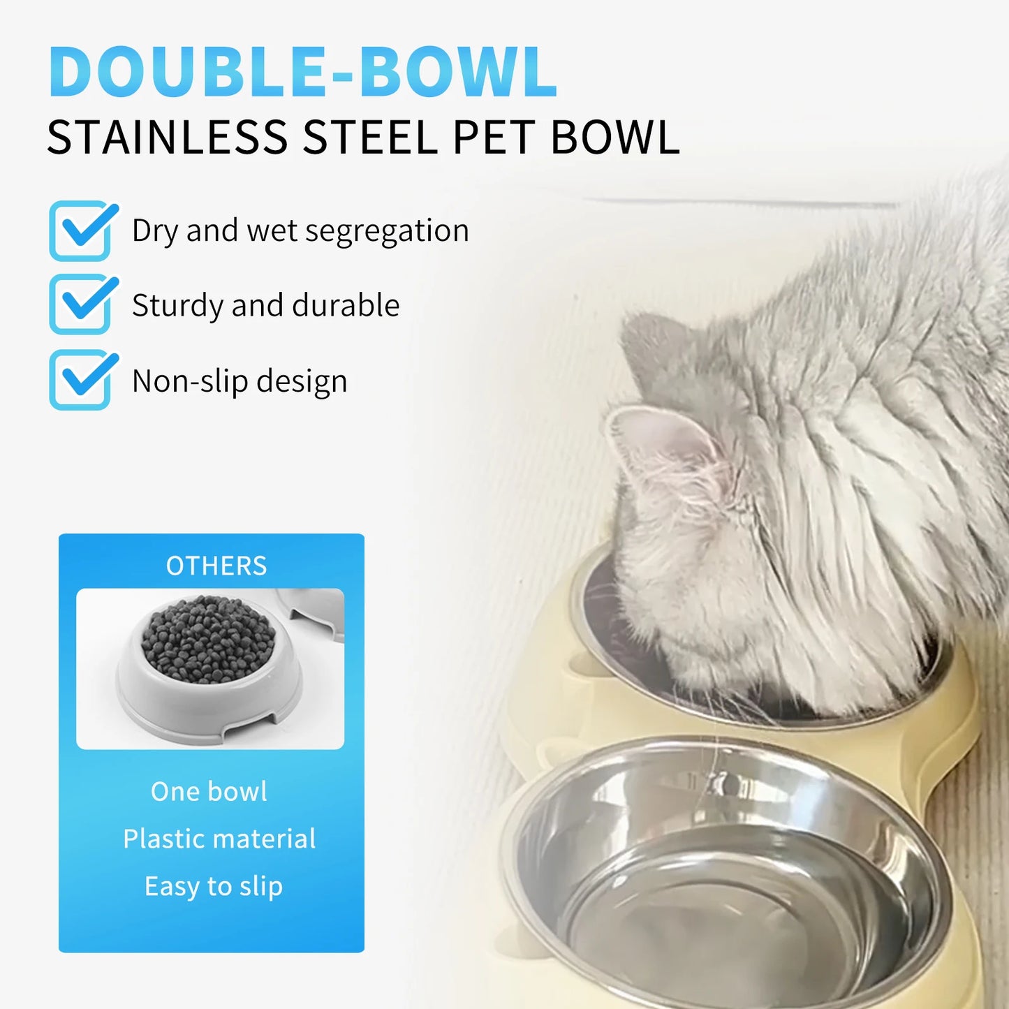 Anti-Slip Pet Food Bowl Double Stainless Steel Cat Dog Feeder with Non-Skid Base, 600ml Large Capacity Water Dish for Indoor Cats Kittens Puppies Small Dogs, Easy Clean Detachable Bowls