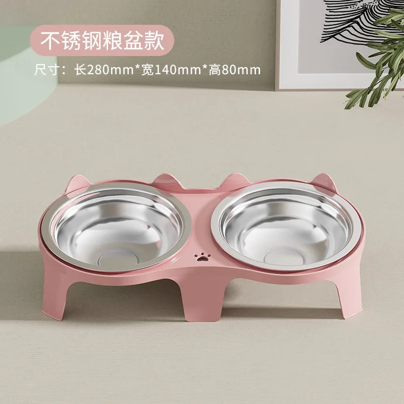 2-in-1 Cat Food Bowl Set, 2 Stainless Steel Bowls,Non-tipping Cat Food and Water Bowl for Cats,Pet Feeding Bowl for Chin Rubbing