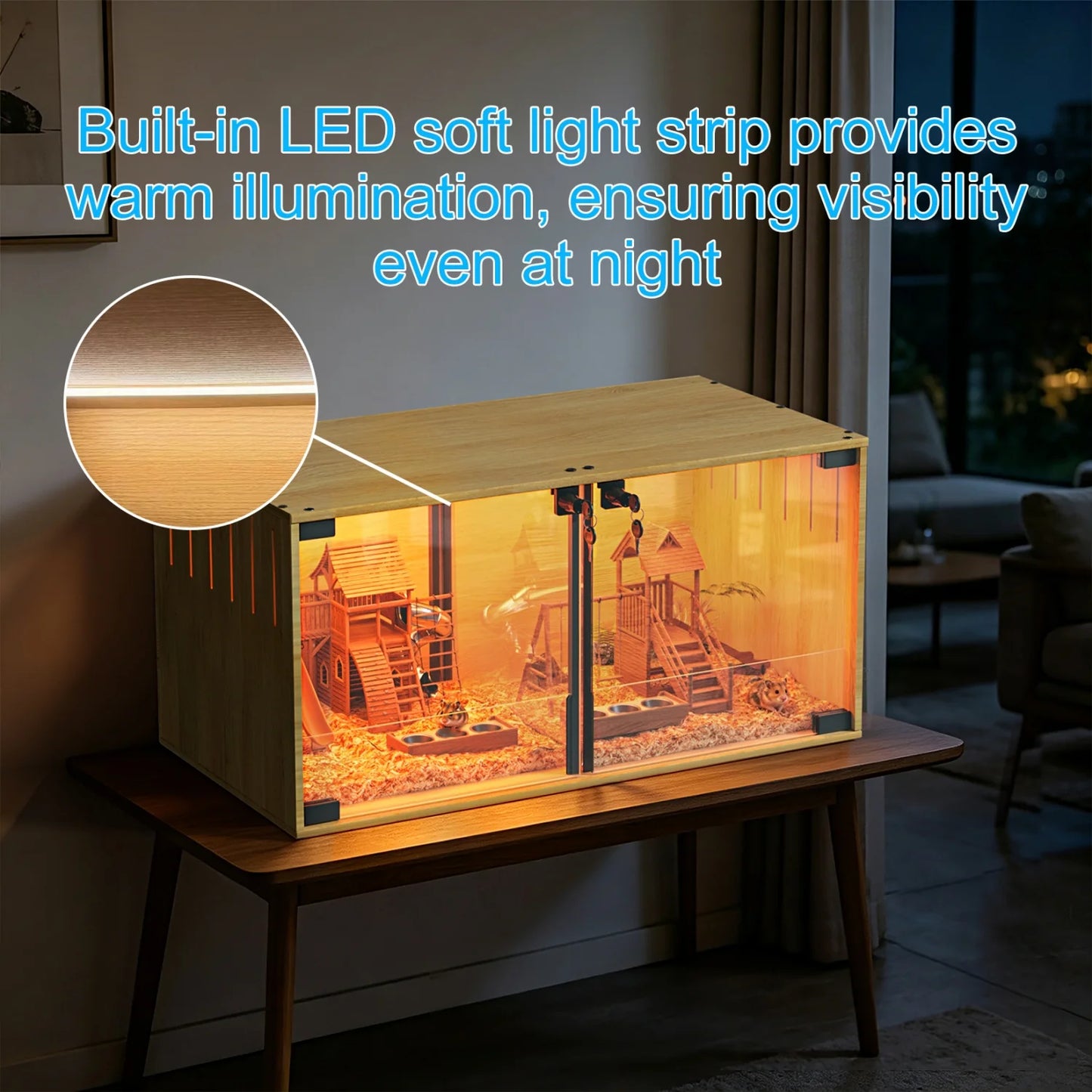 Wooden Hamster Guinea Pigs Cage Mice and Rat Habitat with Removable Divider Tempered Glass Panels Chew-proof Small Animals Cage for Small Pets
