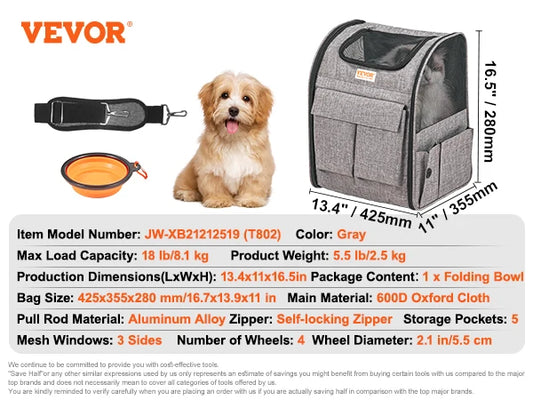Breathable Pet Carrier Backpack With Telescopic Handle And Wheels For Travel