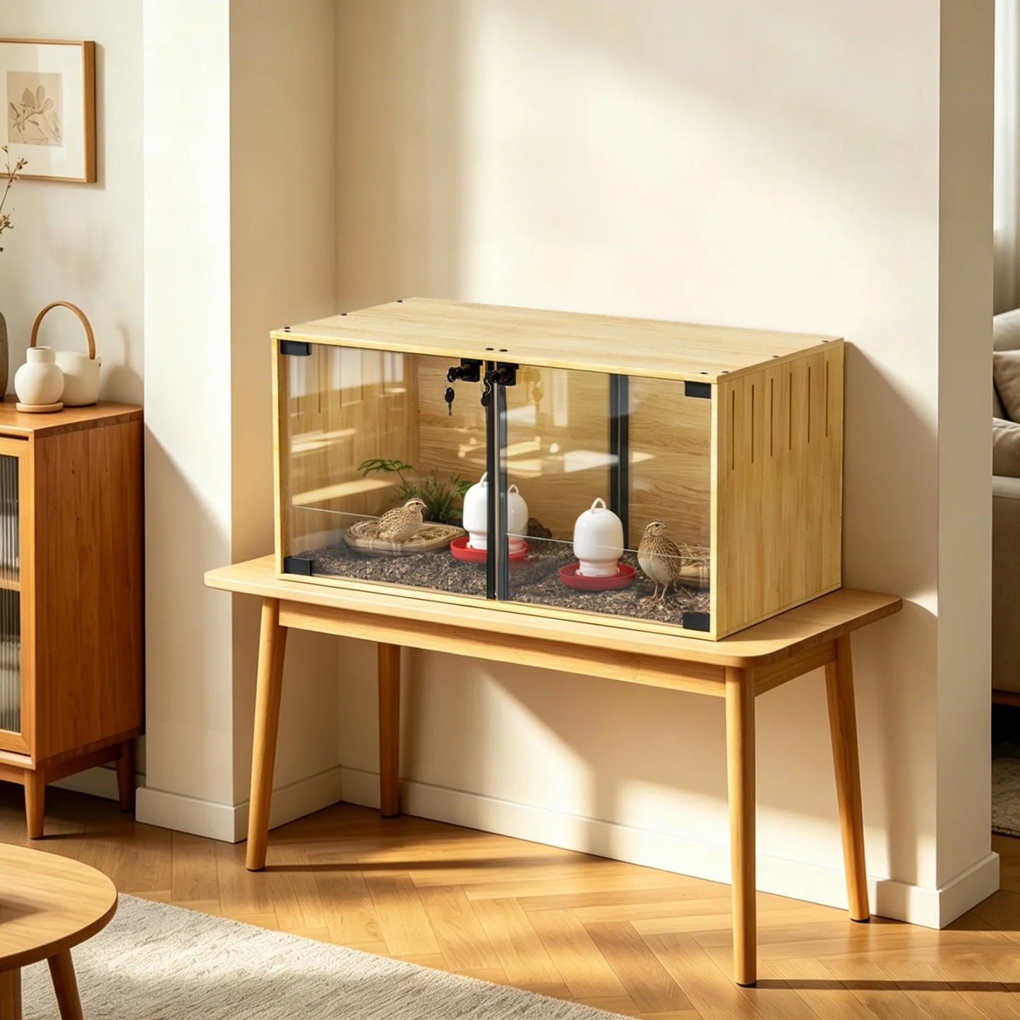 Wooden Hamster Guinea Pigs Cage Mice and Rat Habitat with Removable Divider Tempered Glass Panels Chew-proof Small Animals Cage for Small Pets
