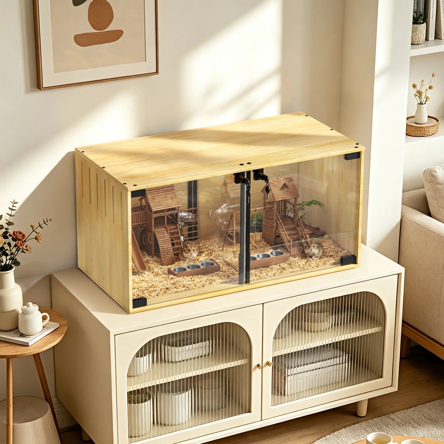 Wooden Hamster Guinea Pigs Cage Mice and Rat Habitat with Removable Divider Tempered Glass Panels Chew-proof Small Animals Cage for Small Pets